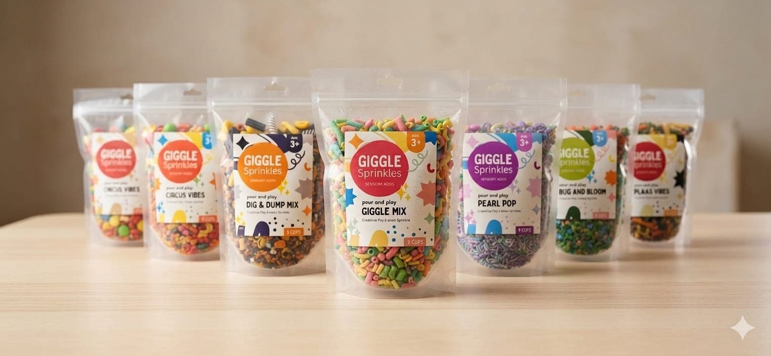 A lineup of Giggle Sprinkles sensory mix pouches on a wooden table